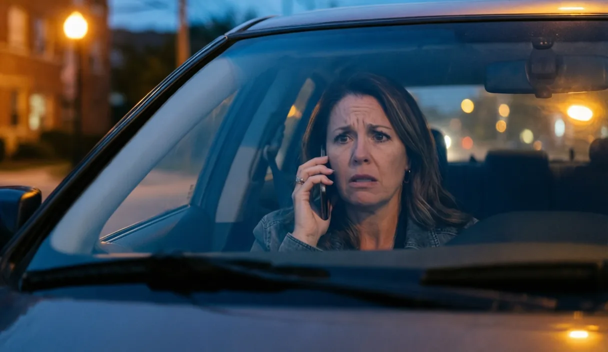 Woman sitting in a parked car at dusk making a phone call