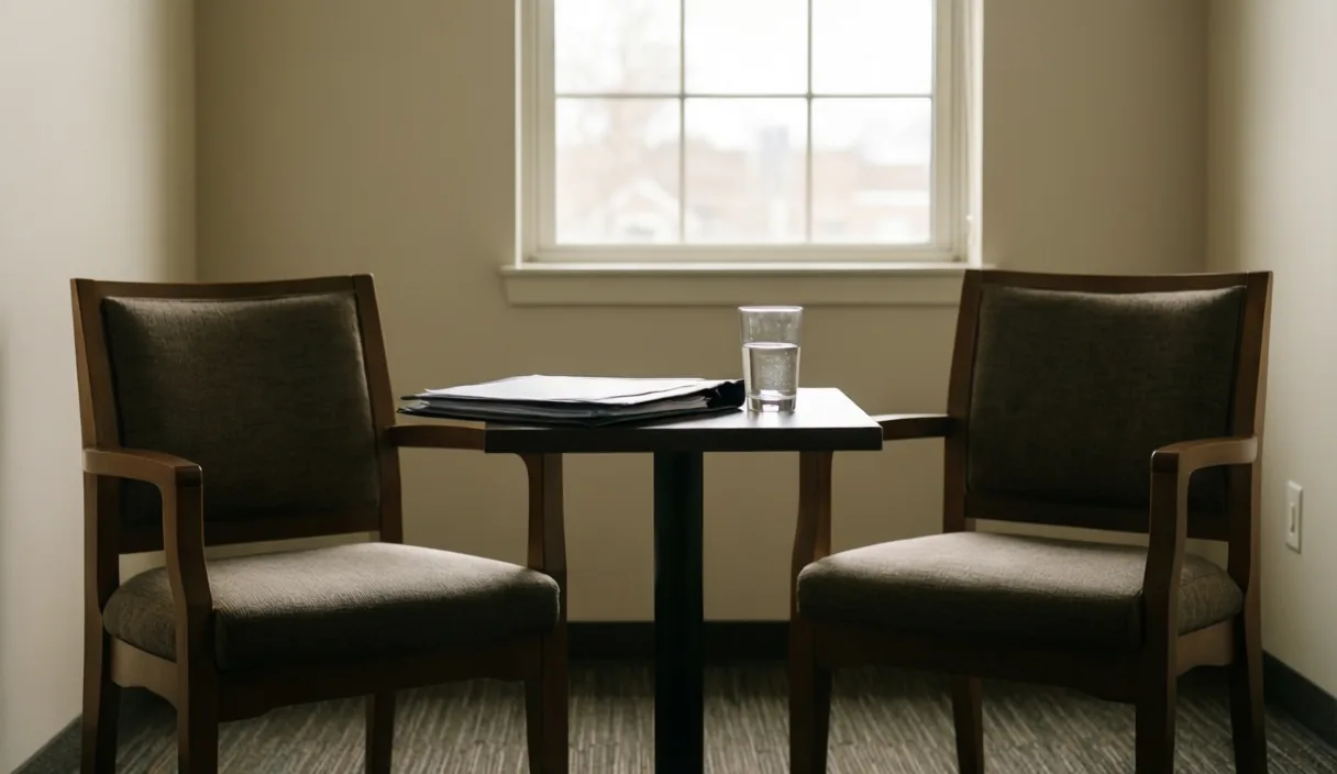 Empty interview room with two chairs facing each other