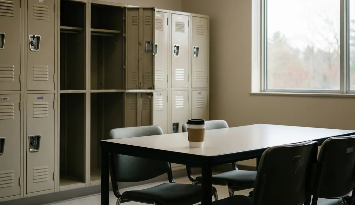 Empty staff break room with an open locker and a single coffee cup