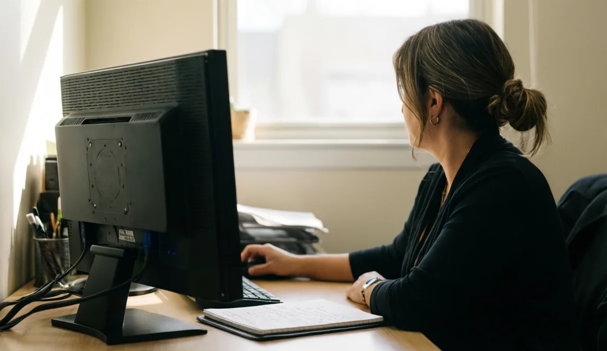Agency administrator working at a desktop computer in a small office